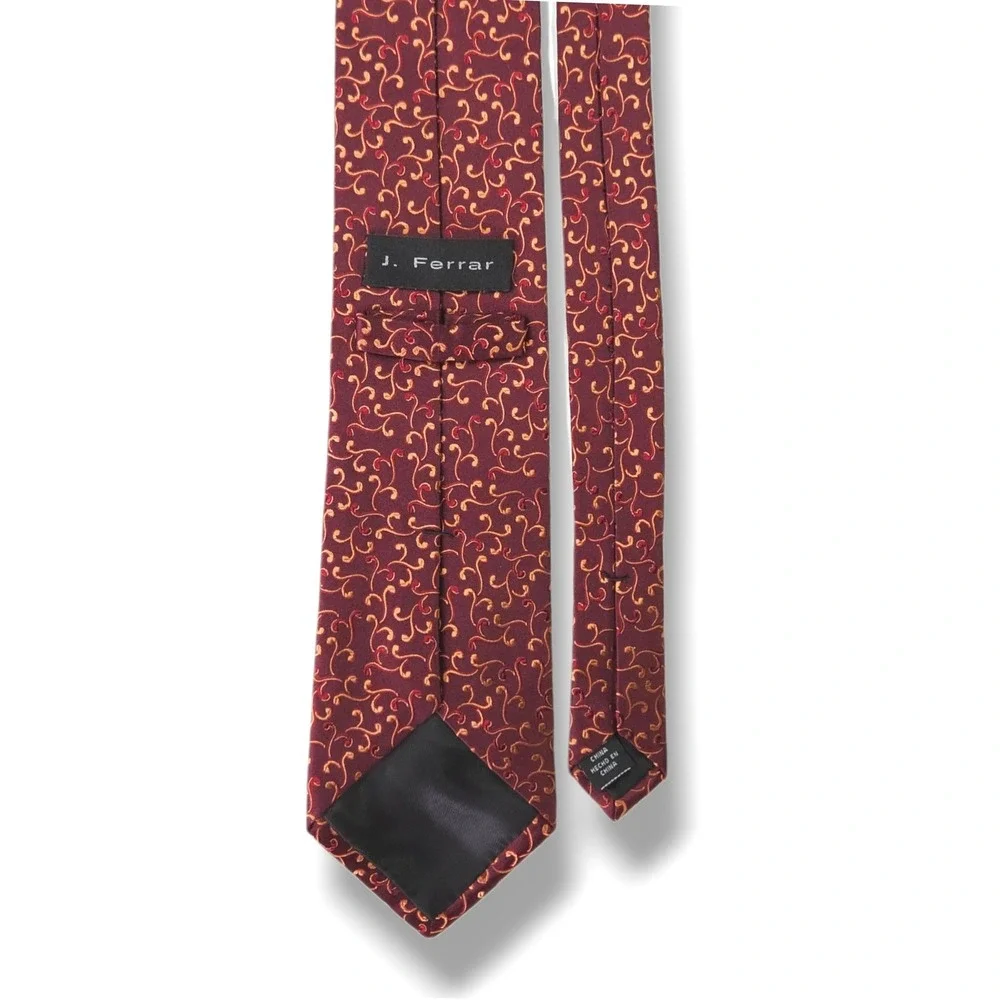 J Ferrar Silk Jacquard Necktie Abstract Scroll Burgundy Gold Red Classic Wide OS